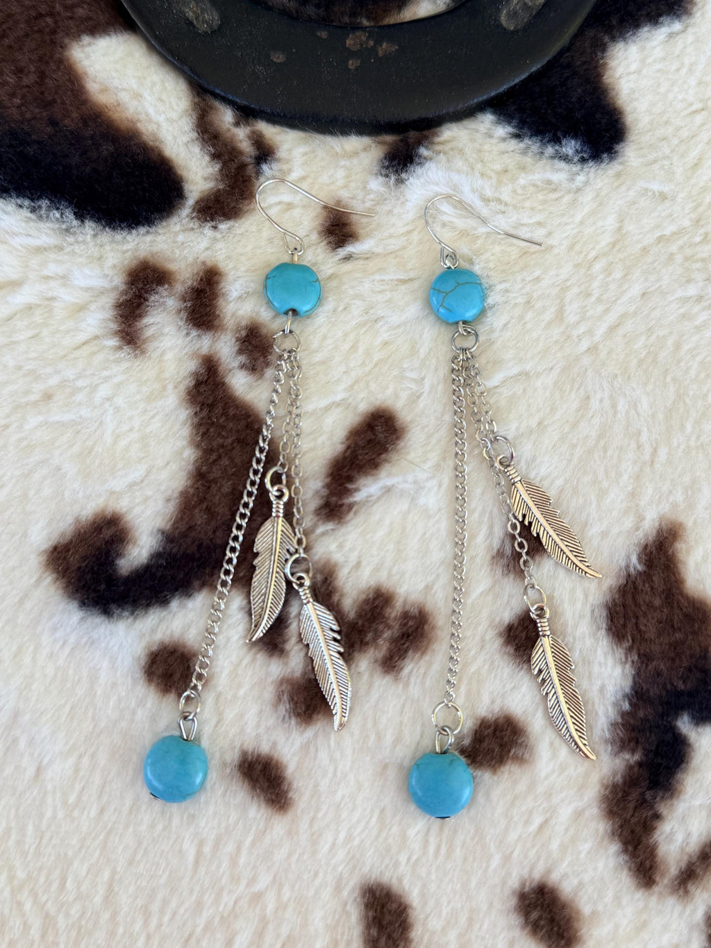 Turquoise & Silver Feather Charm Dangle Earrings | Long Chain Western Boho Cowgirl Jewelry