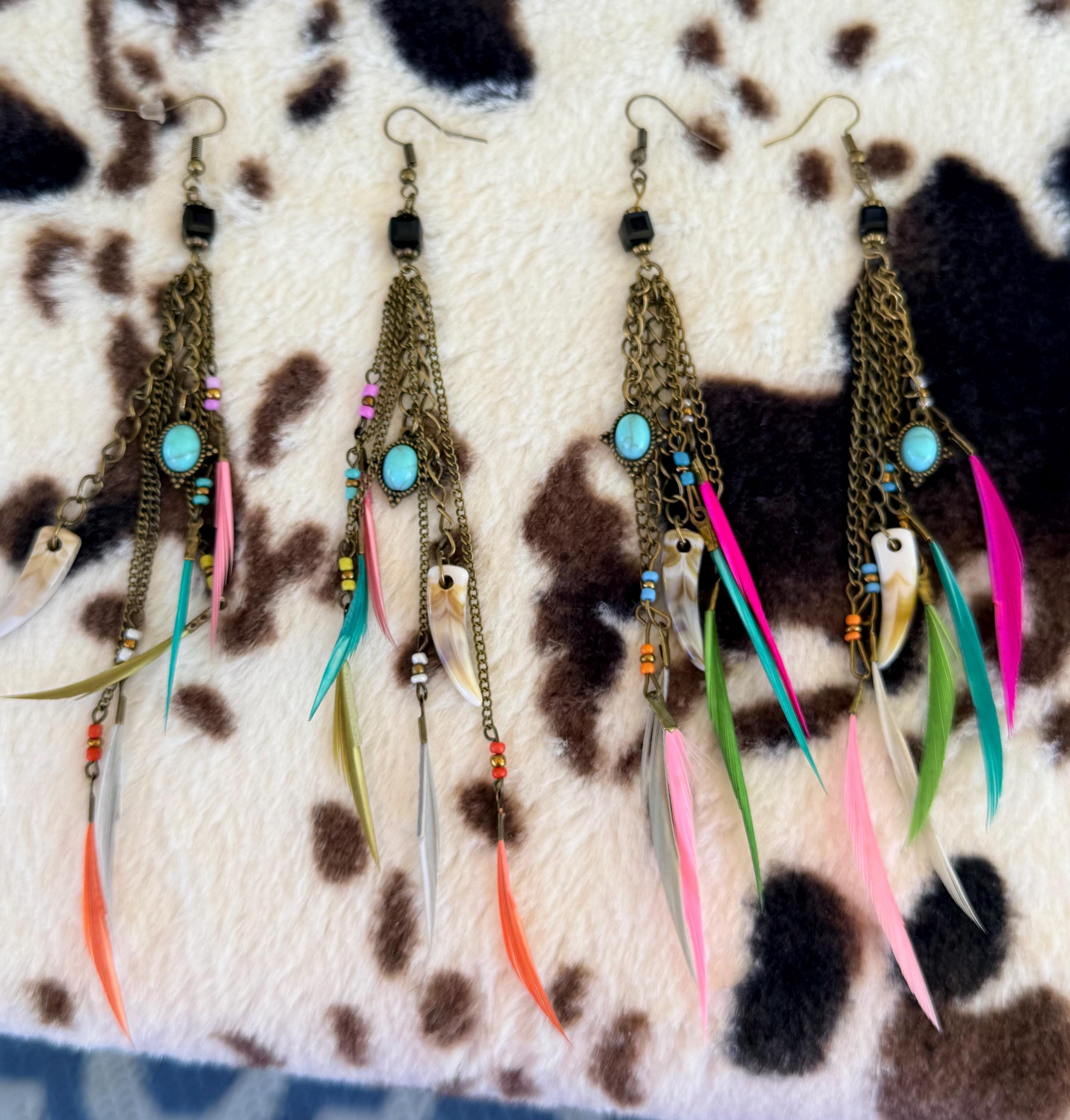 Western Boho Long Dangle Earrings | Turquoise Stone, Real Feathers & Coyote Teeth Charms on Bronze Chain