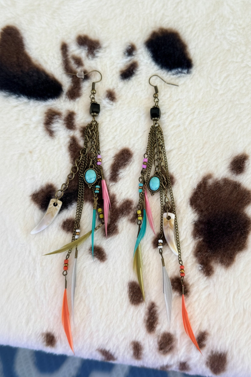 Western Boho Long Dangle Earrings | Turquoise Stone, Real Feathers & Coyote Teeth Charms on Bronze Chain