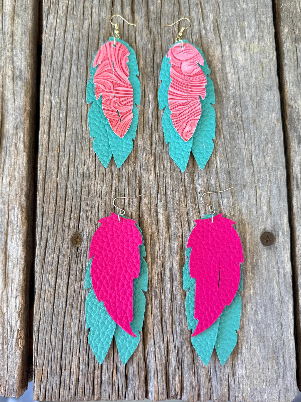 Boho Western Faux Leather Layered Feather-Shaped Dangle Earrings | Pink & Turquoise | Light & Dark Pink