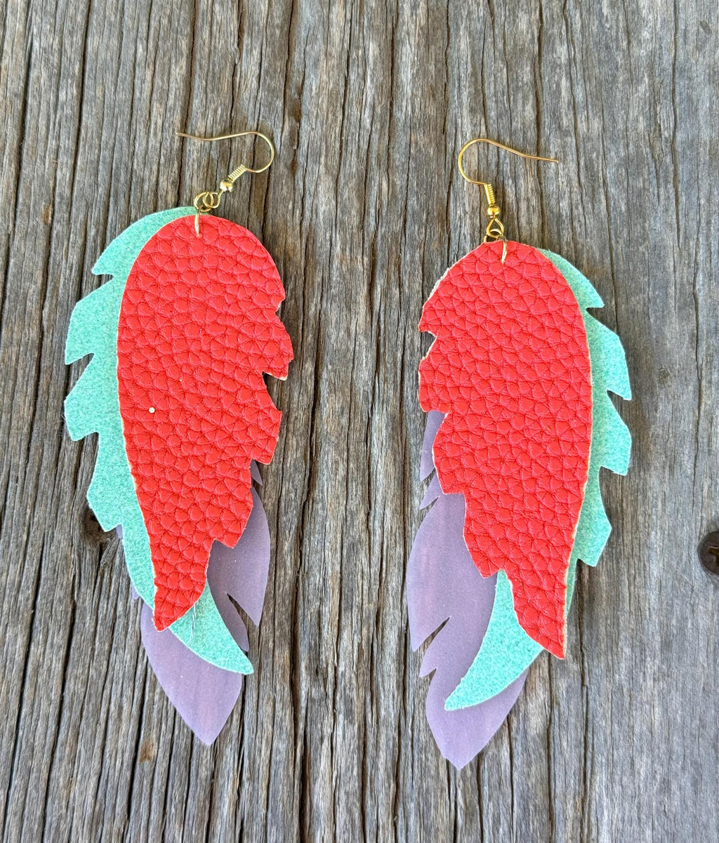 Mint Green, Coral & Pink Glitter Faux Leather Feather Earrings | Western Boho Layered Dangle