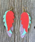 Mint Green, Coral & Pink Glitter Faux Leather Feather Earrings | Western Boho Layered Dangle