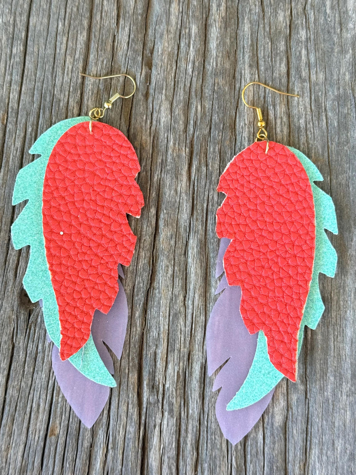 Mint Green, Coral & Pink Glitter Faux Leather Feather Earrings | Western Boho Layered Dangle