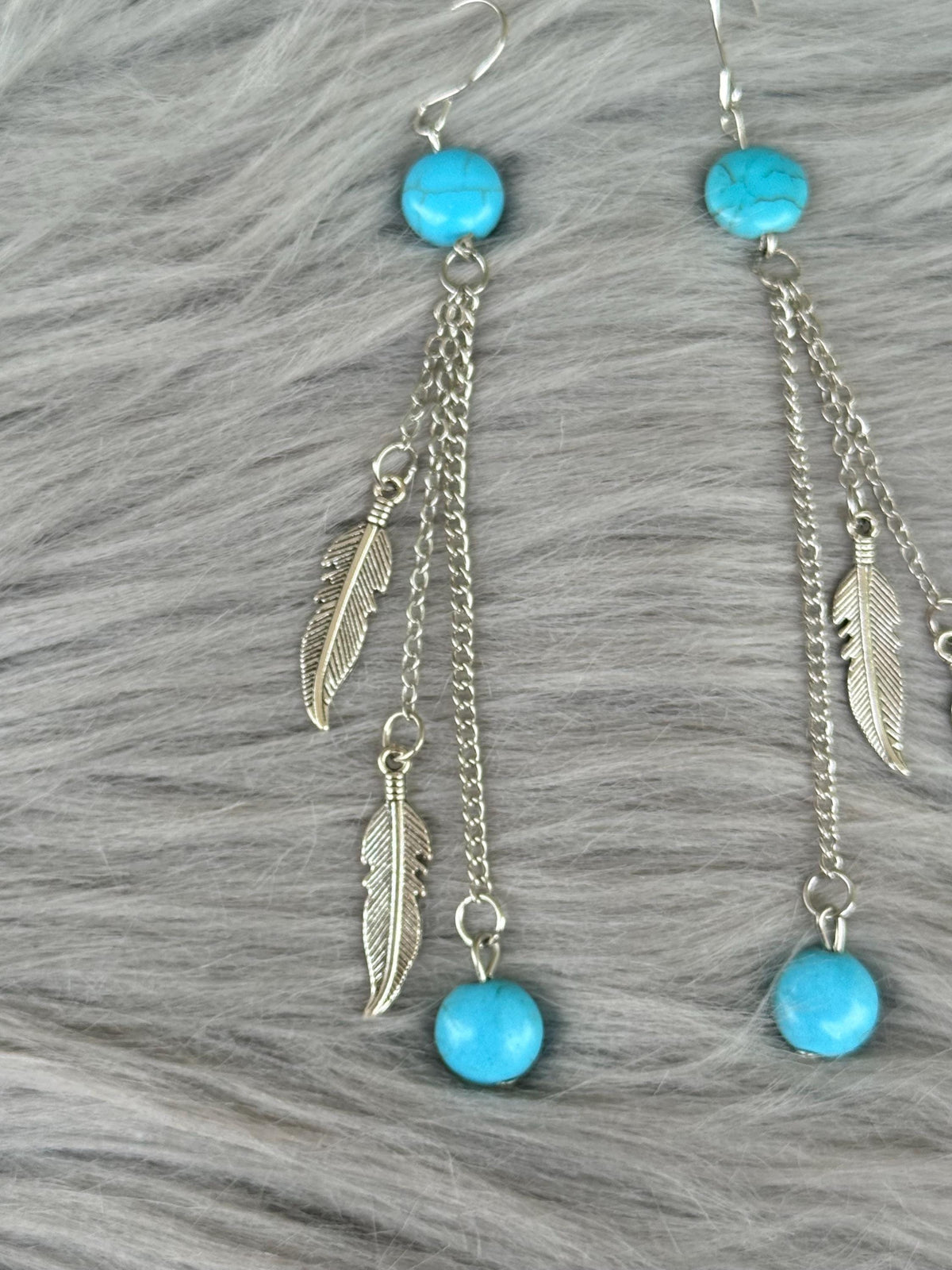 Turquoise & Silver Feather Charm Dangle Earrings | Long Chain Western Boho Cowgirl Jewelry