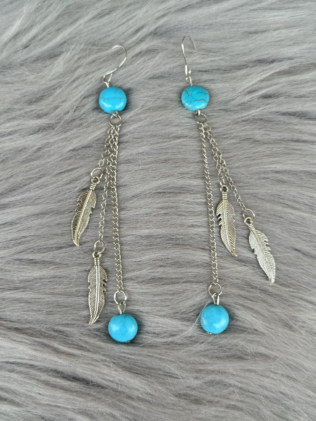 Turquoise & Silver Feather Charm Dangle Earrings | Long Chain Western Boho Cowgirl Jewelry