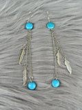 Turquoise & Silver Feather Charm Dangle Earrings | Long Chain Western Boho Cowgirl Jewelry