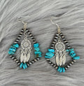 Western Boho Turquoise Wire Beaded Chip Stone Dangle Earrings | Dreamcatcher & Turquoise Charm