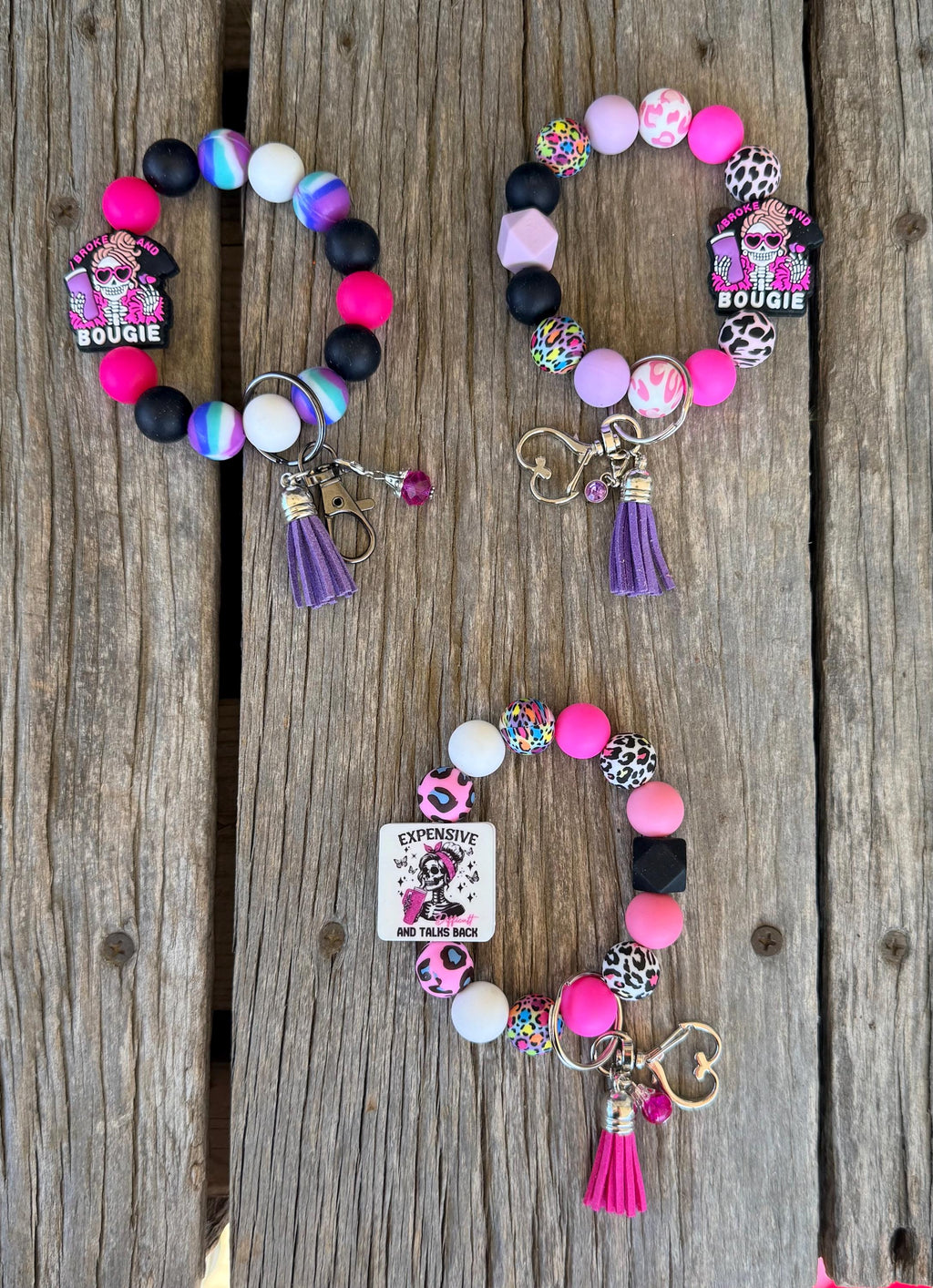 Bougie & Broke Silicone Beaded Wristlet Bracelet Keychain with Leather Tassel | Sassy Quote Styles