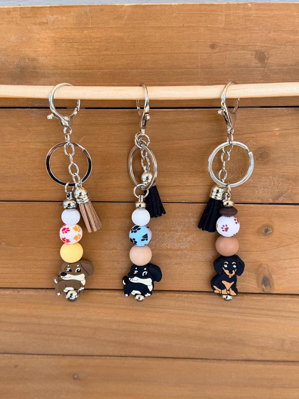 Dachshund Wiener Dog Silicone Beaded Keychain with Leather Tassel | Black, Brown & Tan