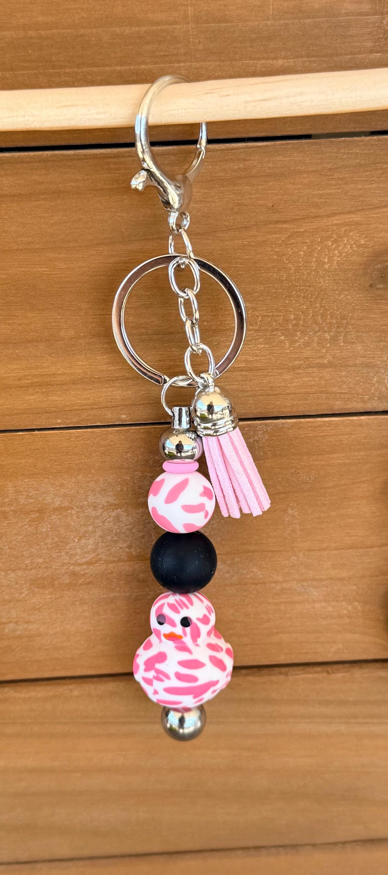Rubber Duck Drop Silicone Beaded Keychain with Leather Tassel