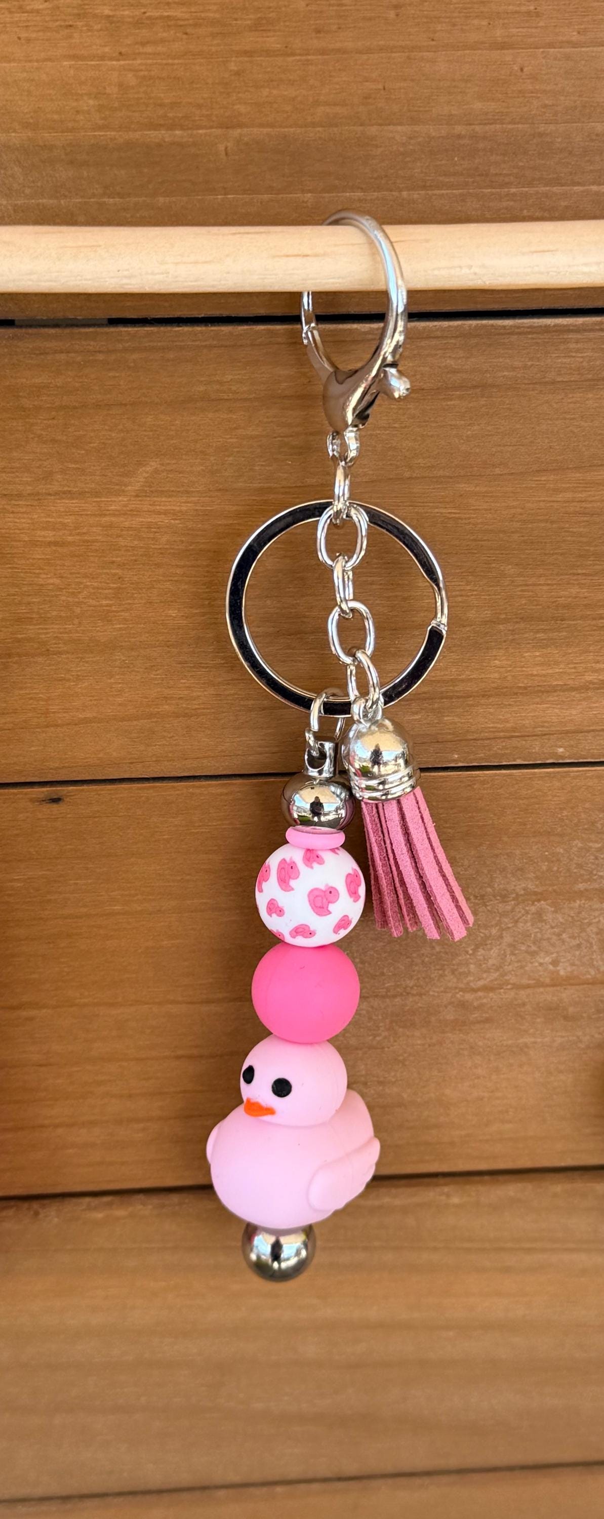 Rubber Duck Drop Silicone Beaded Keychain with Leather Tassel