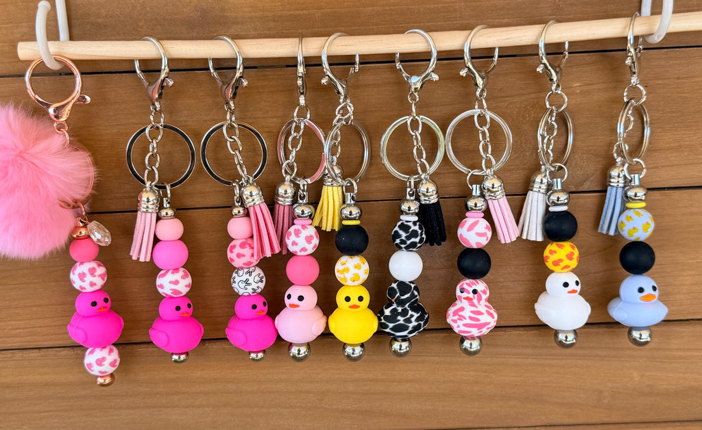 Rubber Duck Drop Silicone Beaded Keychain with Leather Tassel