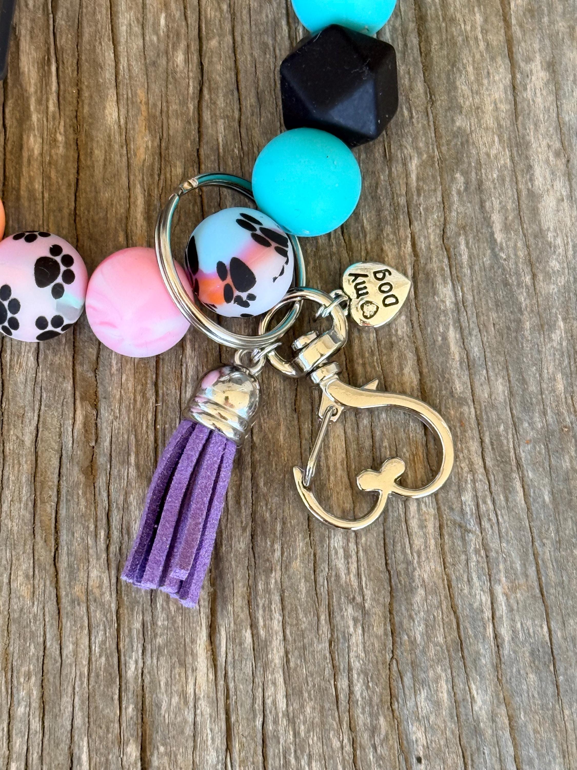 Dog Mom Silicone Beaded Keychain & Wristlet with Leather Tassel