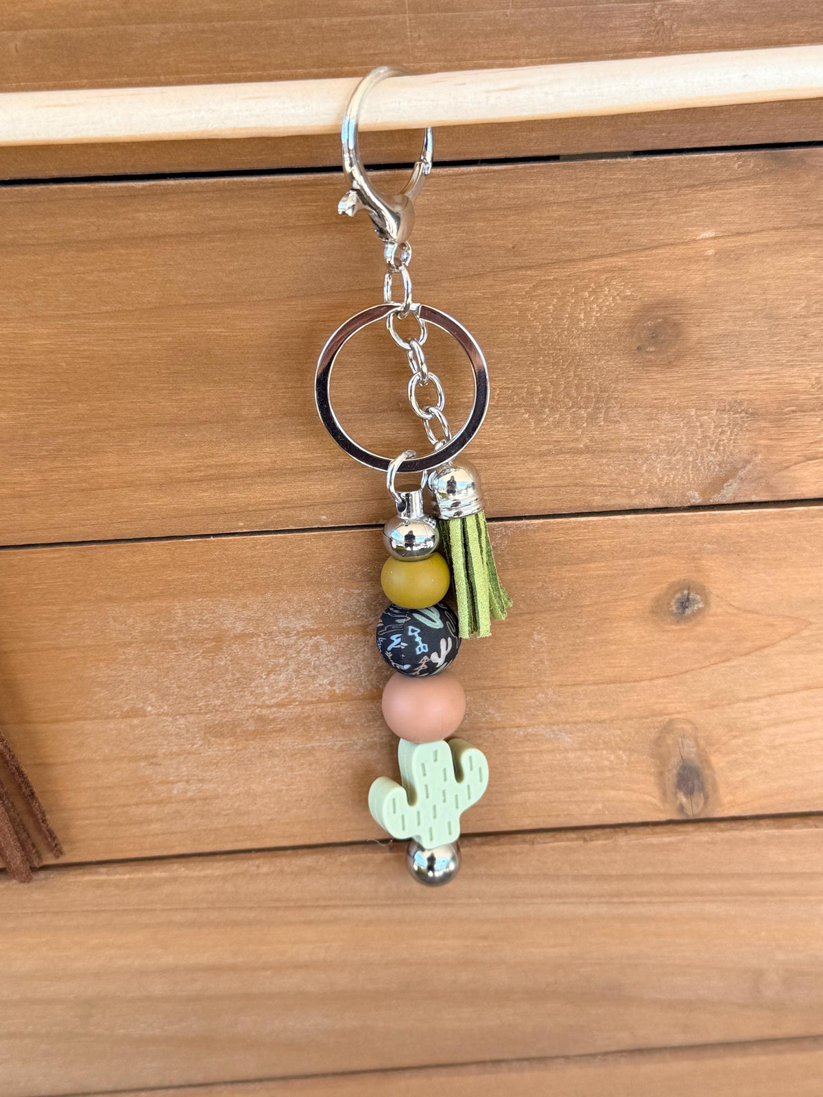 Cactus Focal Bead Silicone Beaded Keychain with Leather Tassel | Western Desert Style