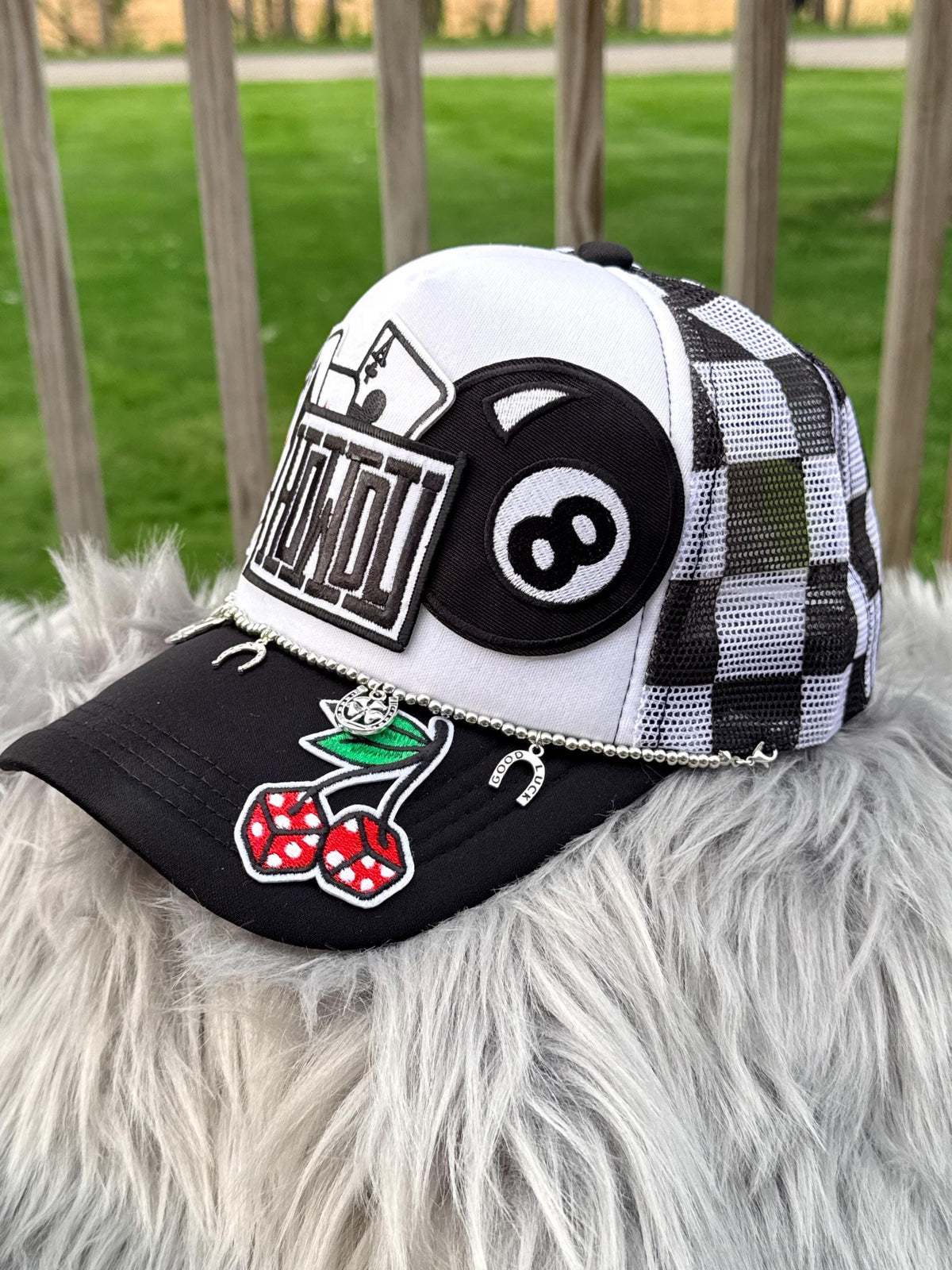 Howdy Gambling Theme Black Trucker Hat | Poker, Dice & 8-Ball Iron-On Patch Cowgirl Cap