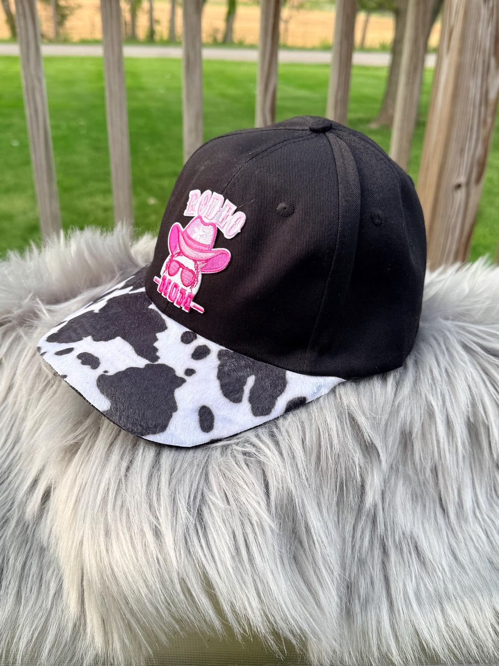 Black Western Trucker Hat | Rodeo Mom Patch & Cow Print Bill | Western Cowgirl Mom Hat