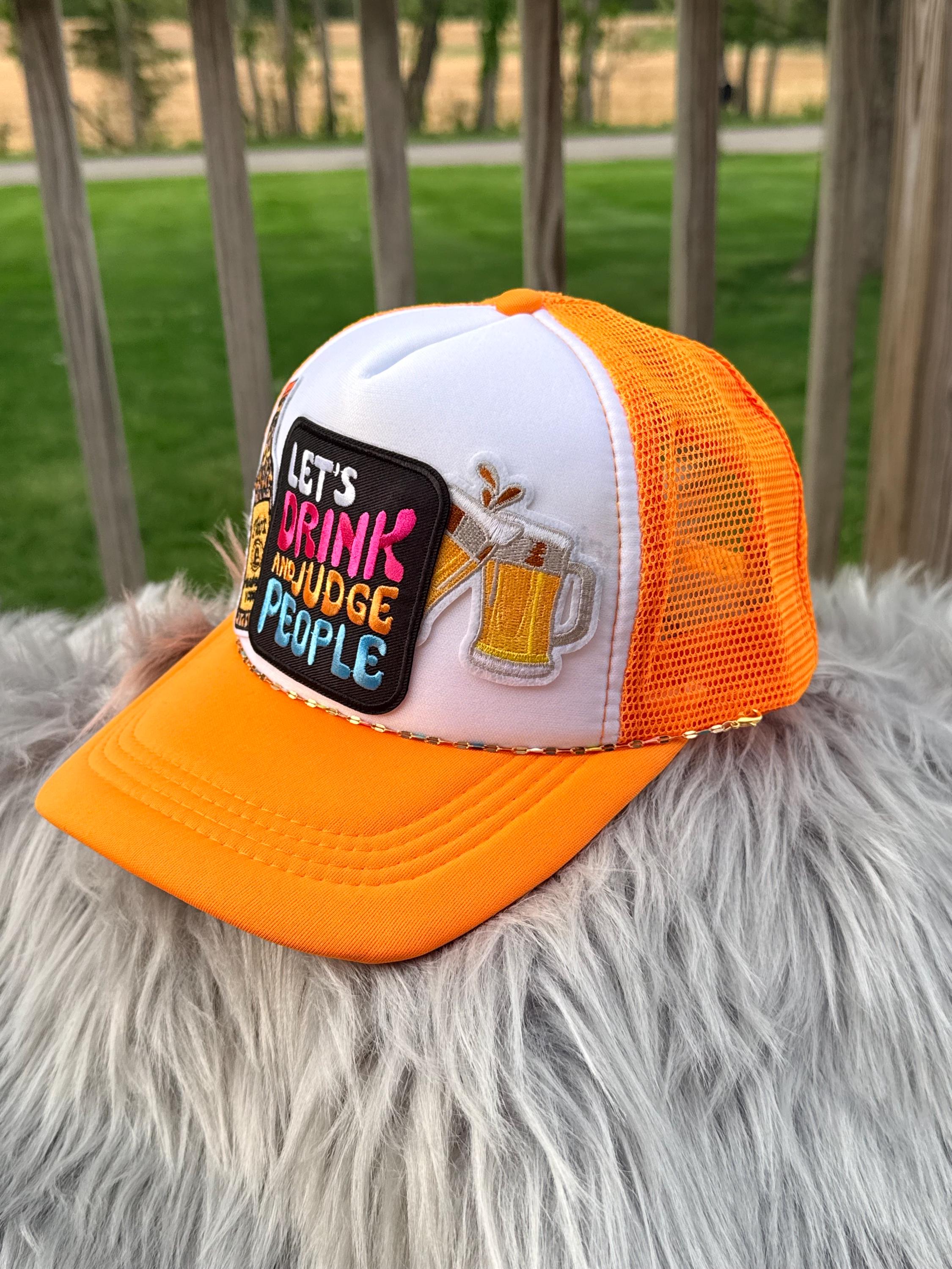 Let's Drink & Judge People Orange Trucker Hat | Funny Summer Drinking Hat with Hat Chain