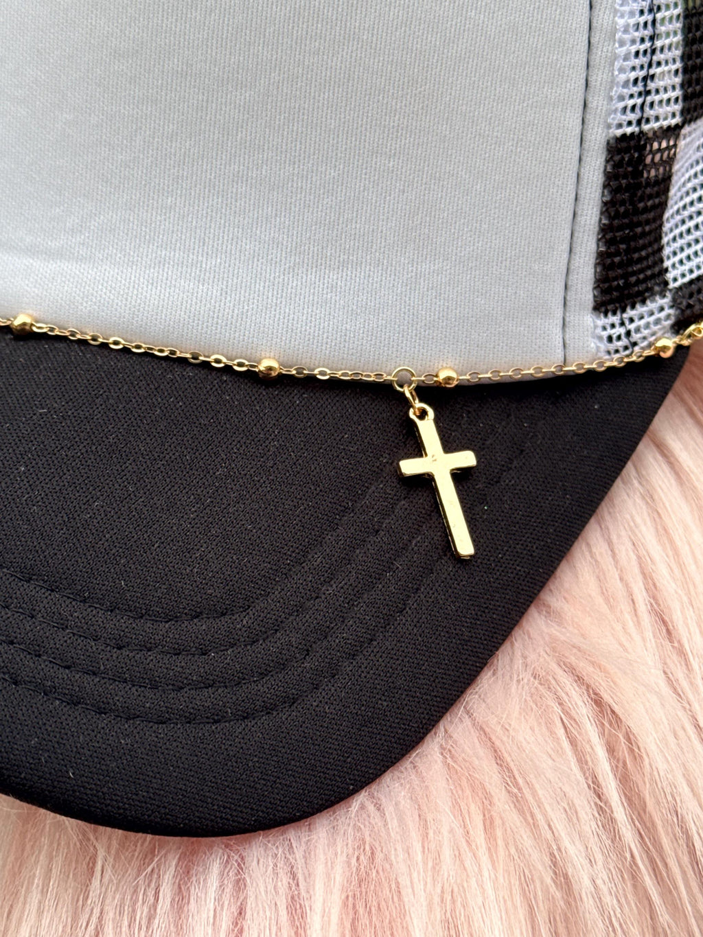 Gold Cross Hat Chain | Christian Religious Hat Accessory for Trucker & Baseball Caps