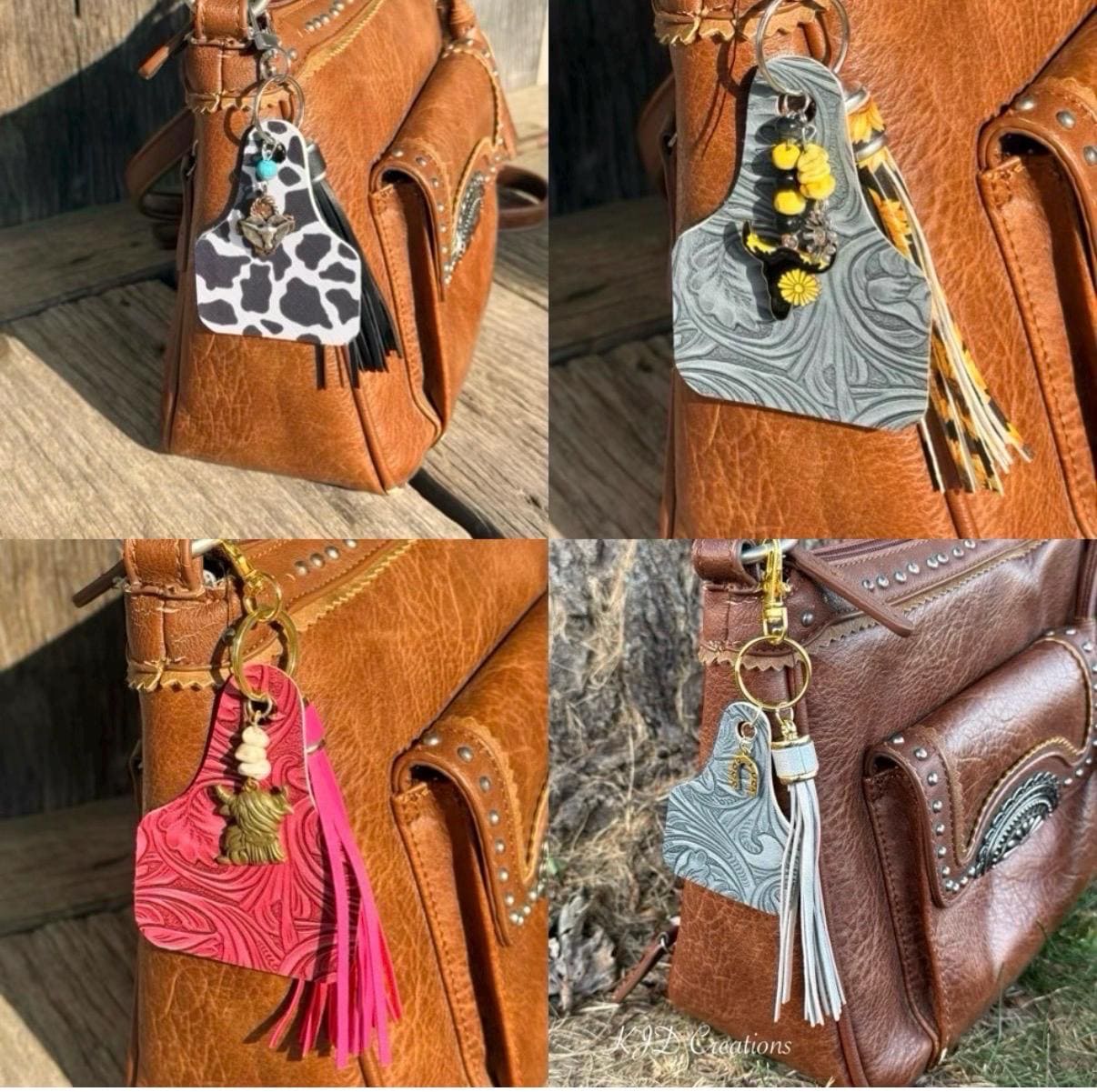 A four-panel collage showing different western-style keychains and bag charms attached to brown leather bags. The charms include cow-print, gray marbled, and bright pink patterned leather pieces with tassels, beads, and floral accents.