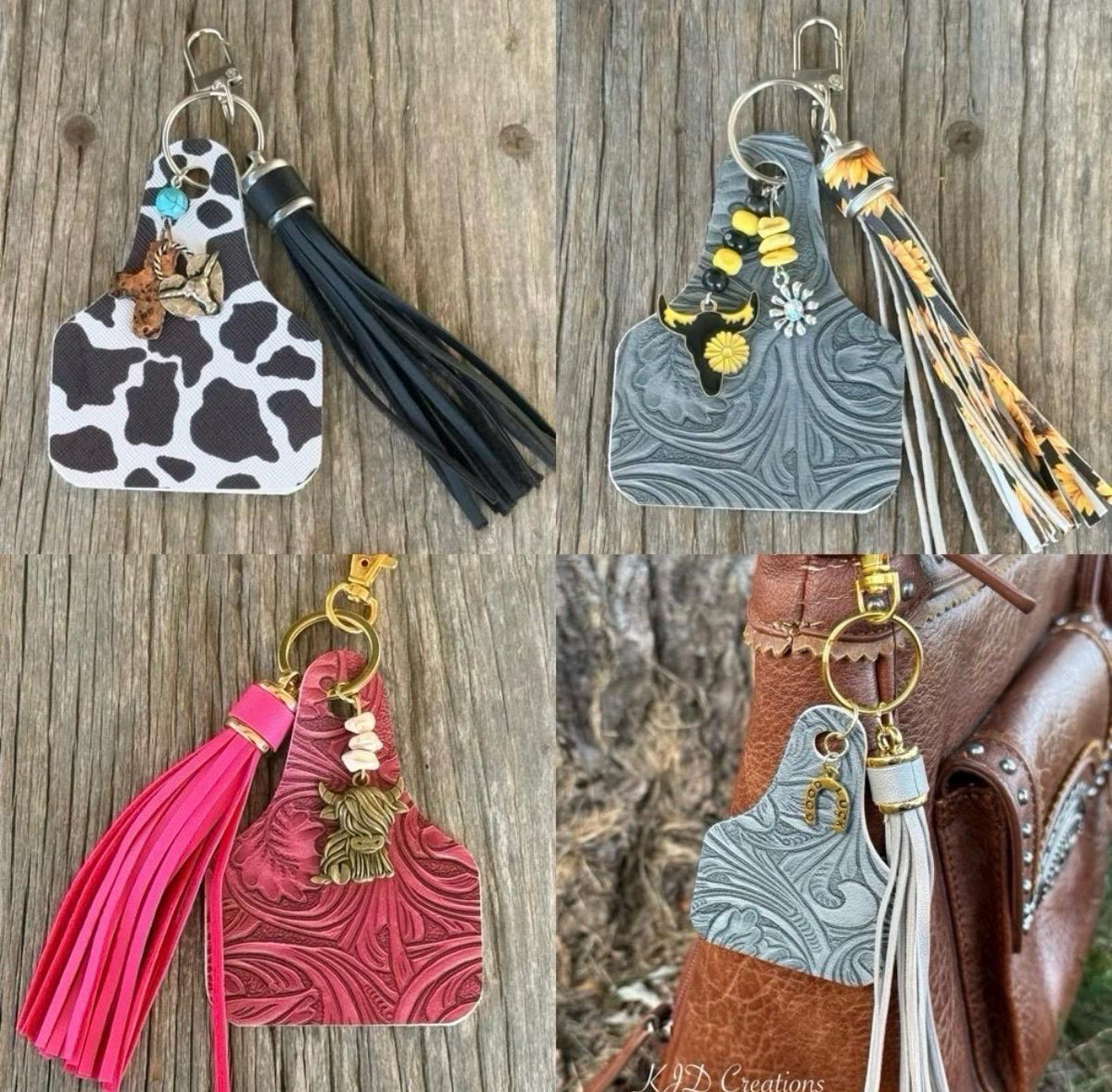 A 2x2 collage showing four western-style leather keychains shaped like cowhides, each with a tassel and decorative charms, displayed on a rustic wood background and attached to a brown leather boot in the bottom-right panel.