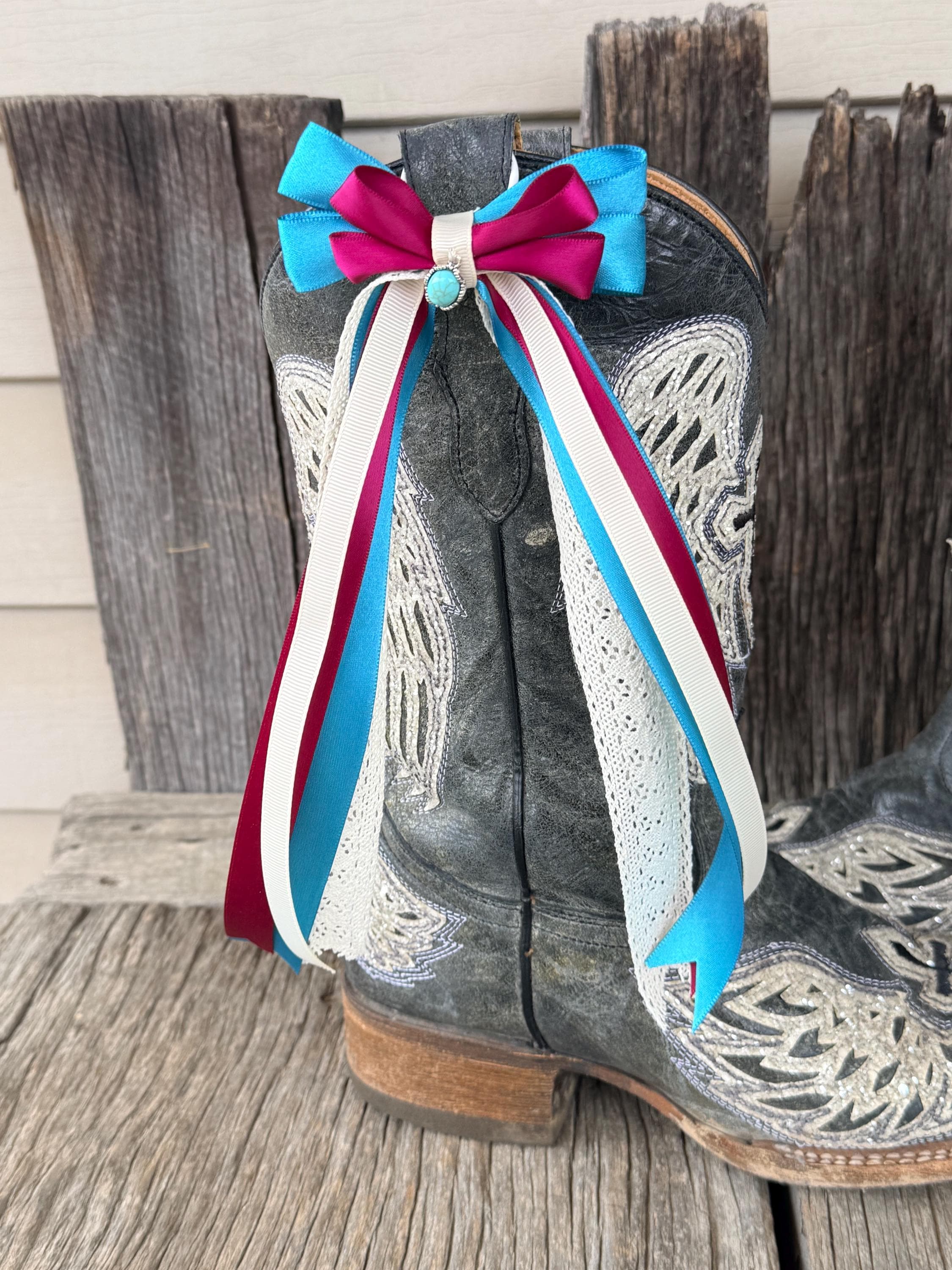 Teal, Maroon & Ivory Lace Western Boot Bows | Country Wedding & Concert Accessory