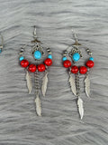 Western Boho Beaded Feather Charm Dangle Earrings | Turquoise, Red & Silver
