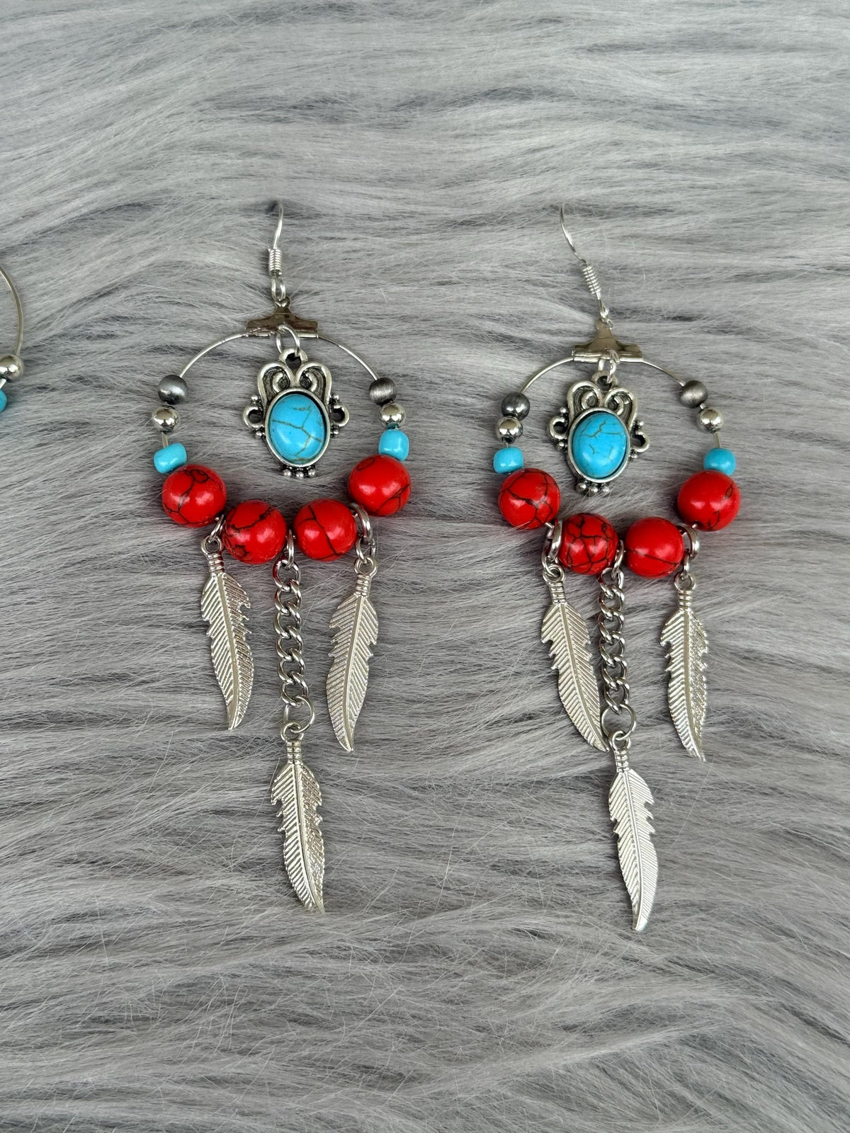 Western Boho Beaded Feather Charm Dangle Earrings | Turquoise, Red & Silver