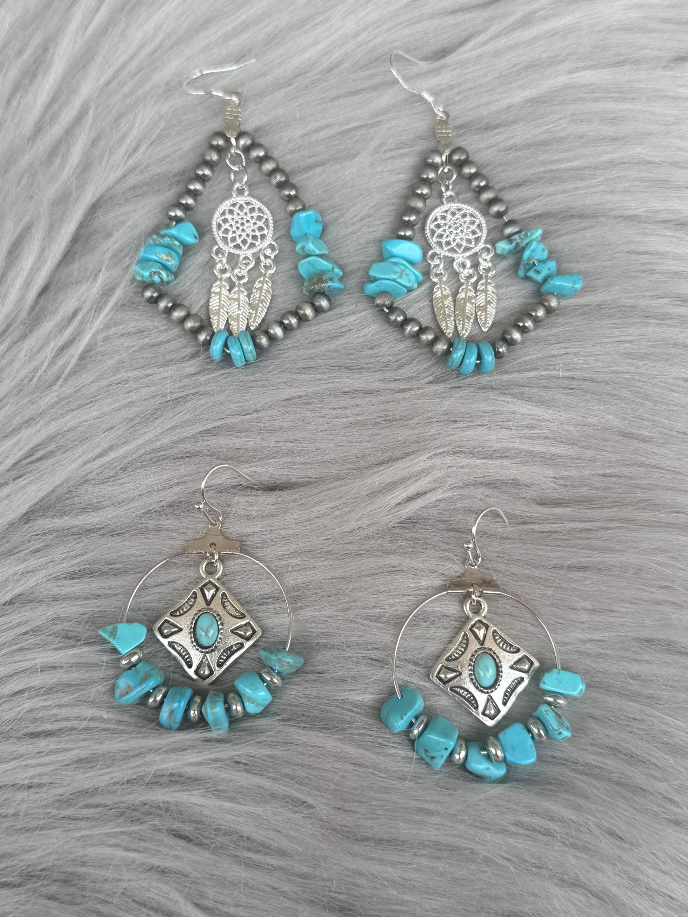 Western Boho Turquoise Wire Beaded Chip Stone Dangle Earrings | Dreamcatcher & Turquoise Charm