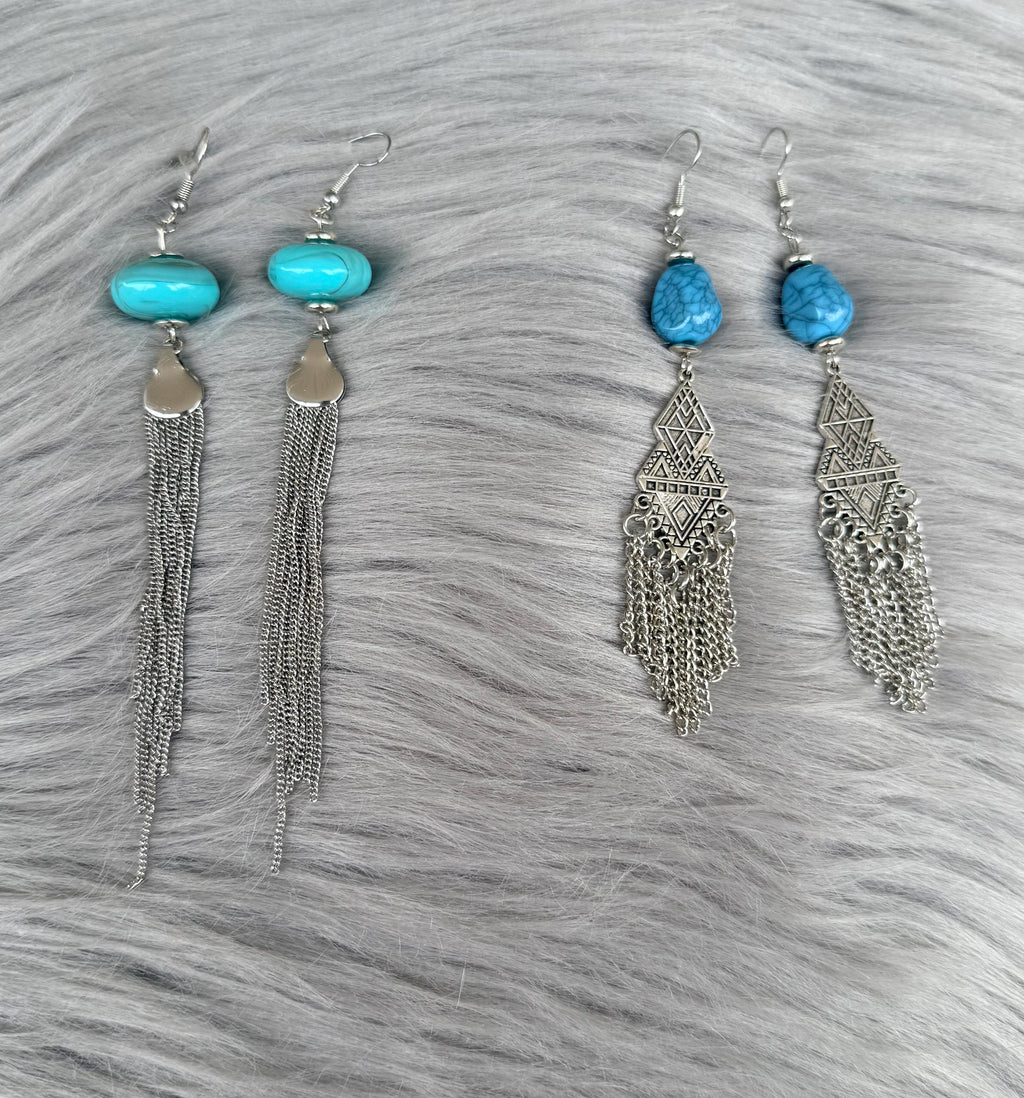 Western Boho Turquoise Stone & Silver Chain Dangle Earrings | Cowgirl Concert Jewelry