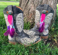 Boho Faux Leather & Real Feather Boot Toppers | Beaded Fringe & Layered Dangle | Pink, Turquoise & Purple | Handmade | Pair of 2