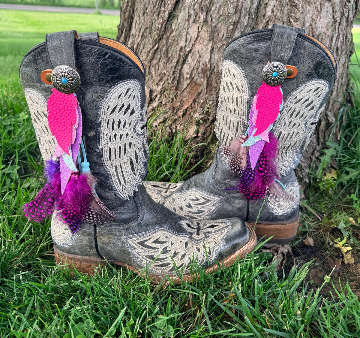 Boho Faux Leather & Real Feather Boot Toppers | Beaded Fringe & Layered Dangle | Pink, Turquoise & Purple | Handmade | Pair of 2