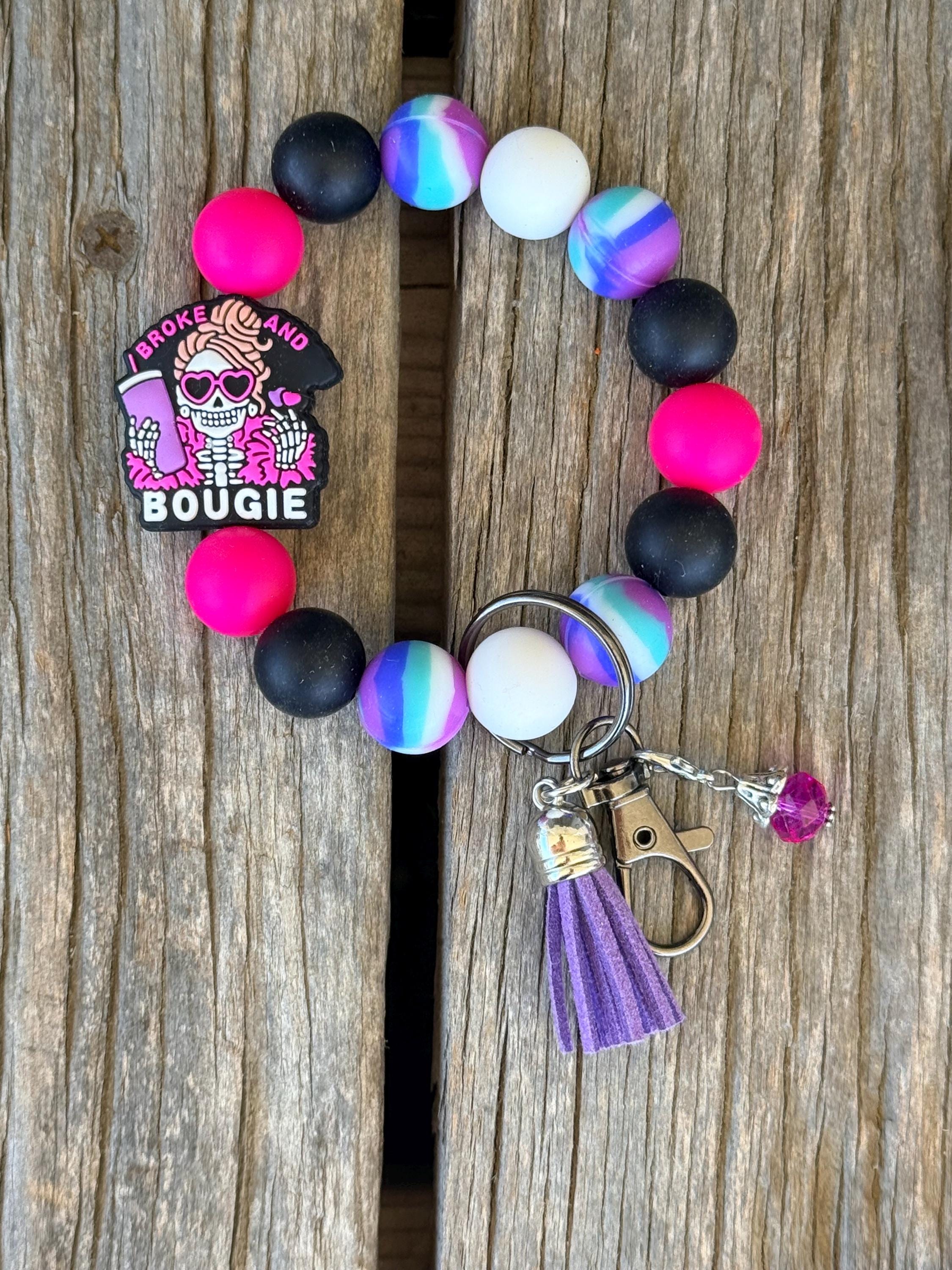 Bougie & Broke Silicone Beaded Wristlet Bracelet Keychain with Leather Tassel | Sassy Quote Styles