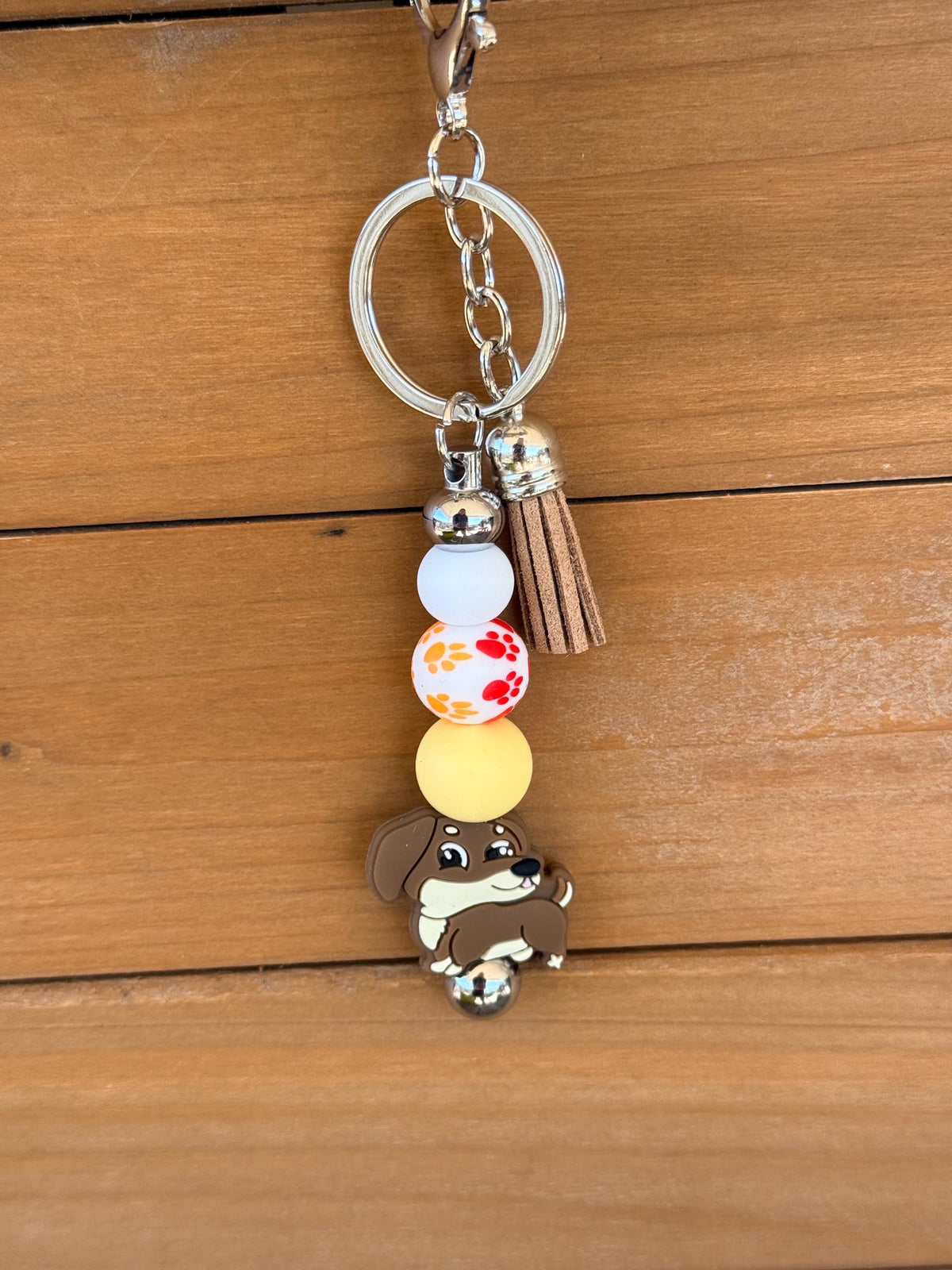 Dachshund Wiener Dog Silicone Beaded Keychain with Leather Tassel | Black, Brown & Tan