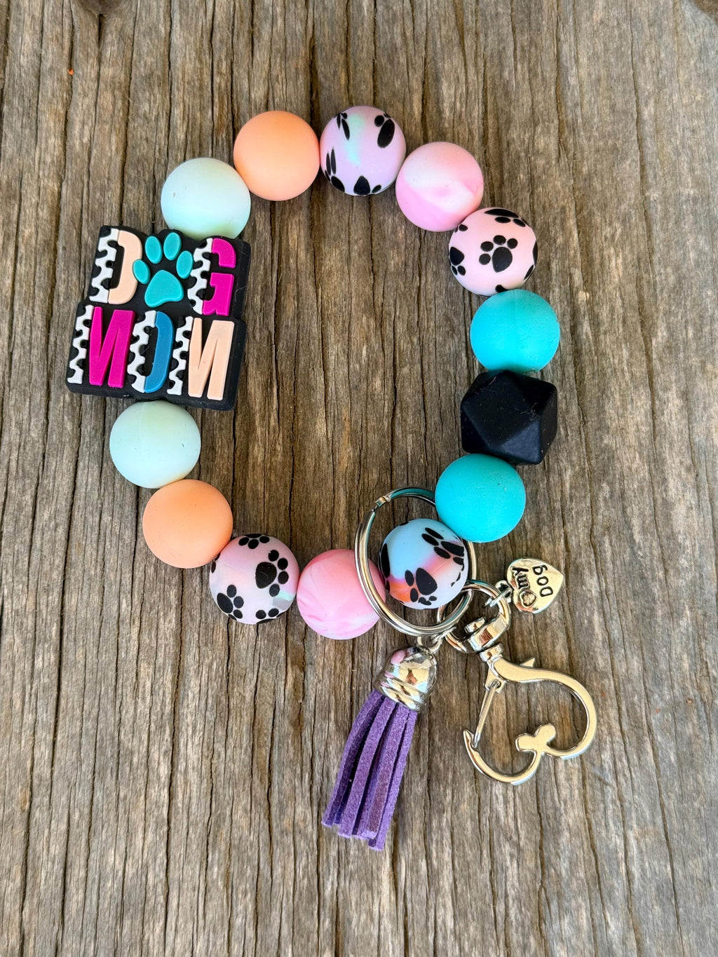 Dog Mom Silicone Beaded Keychain & Wristlet with Leather Tassel