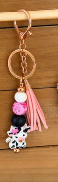 Cute Cow Print & Pink Bow Silicone Beaded Keychain & Wristlet with Leather Tassel