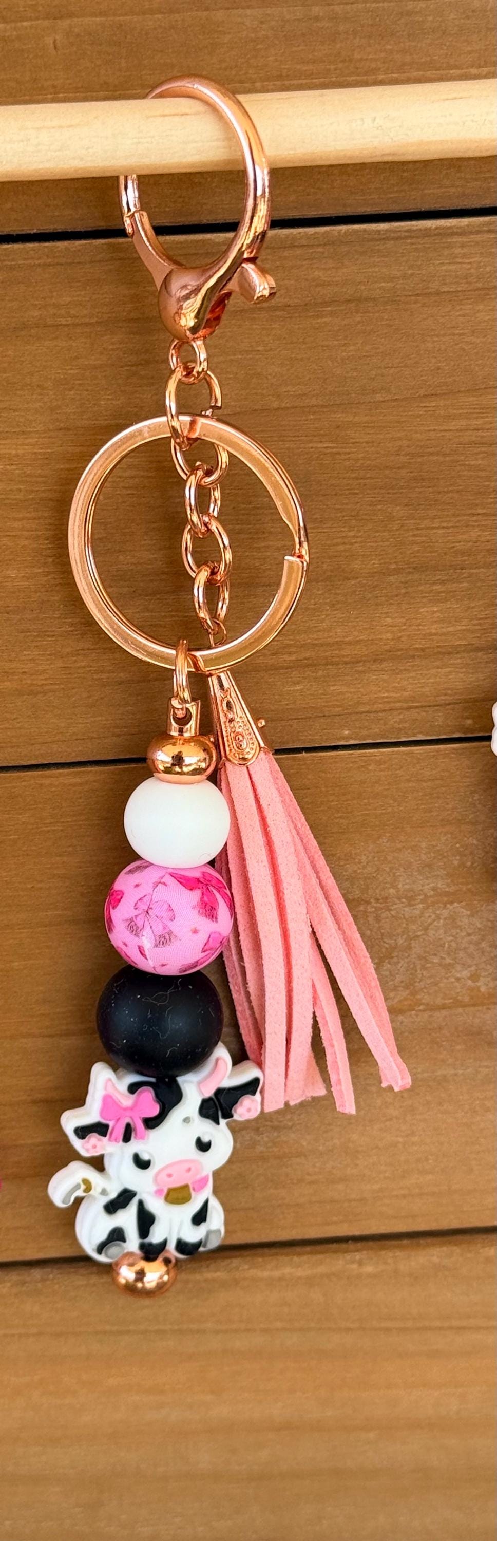 Cute Cow Print & Pink Bow Silicone Beaded Keychain & Wristlet with Leather Tassel