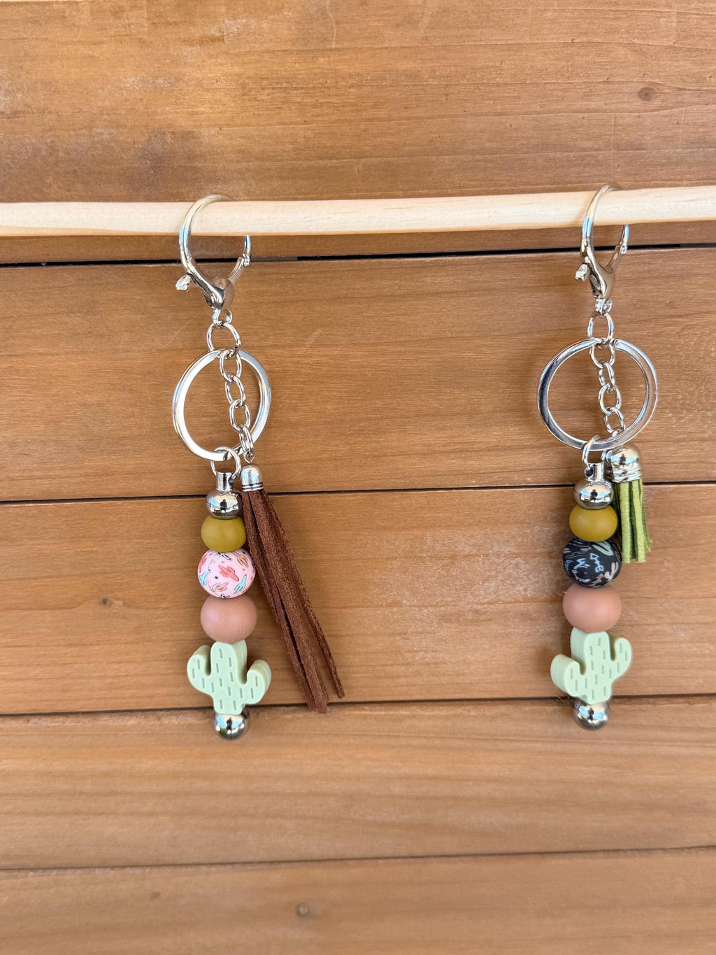 Cactus Focal Bead Silicone Beaded Keychain with Leather Tassel | Western Desert Style