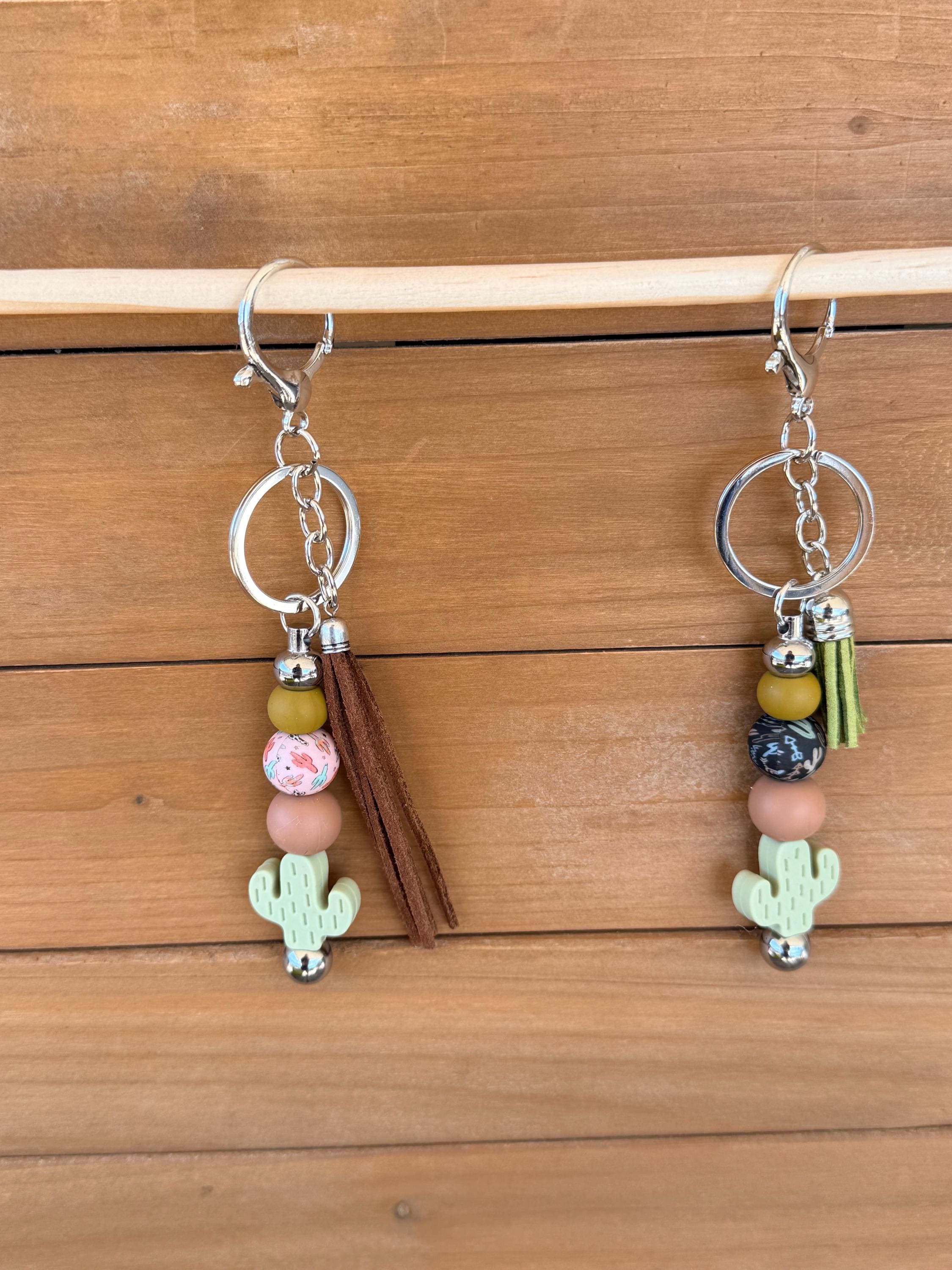 Cactus Focal Bead Silicone Beaded Keychain with Leather Tassel | Western Desert Style