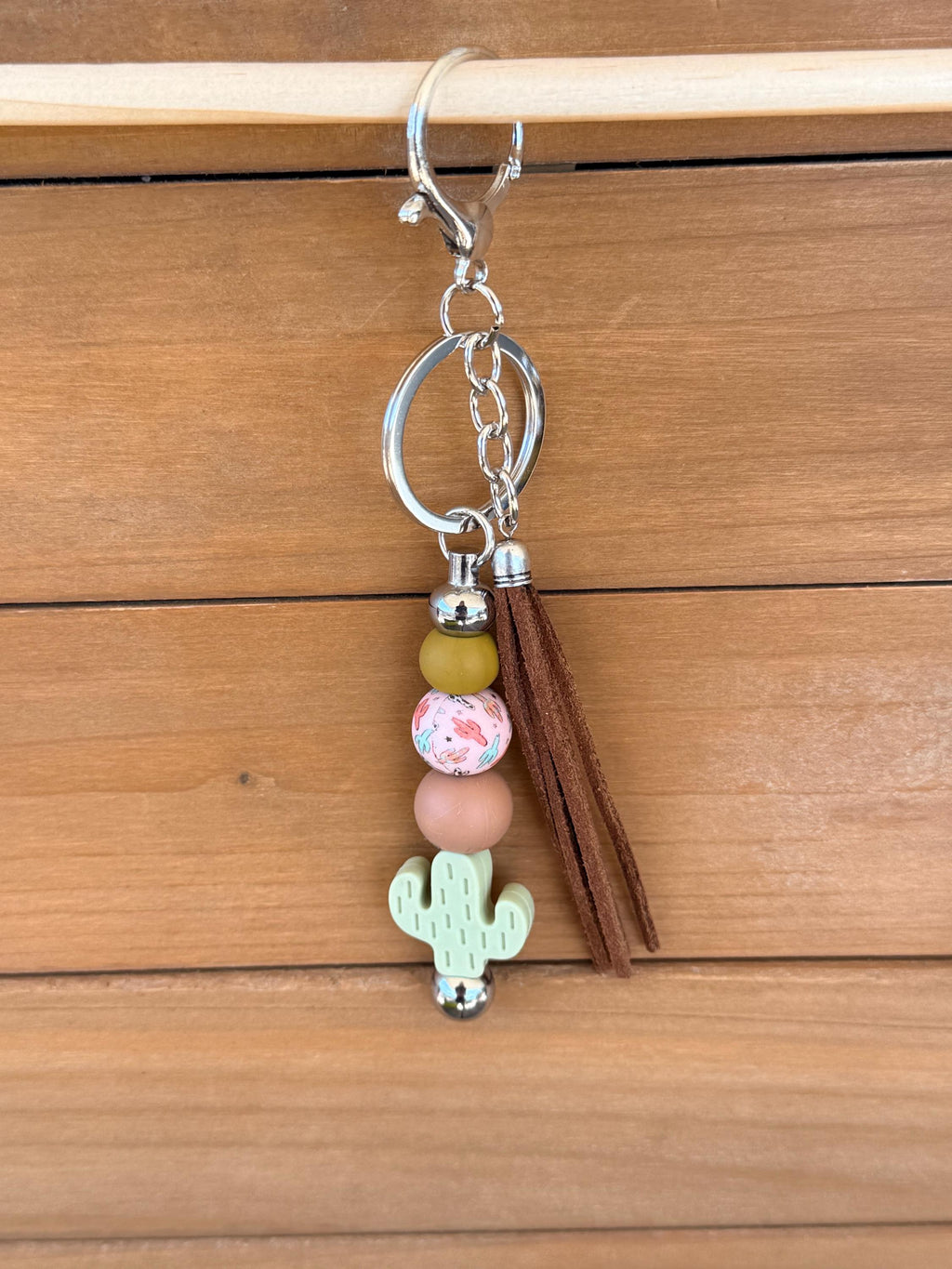 Cactus Focal Bead Silicone Beaded Keychain with Leather Tassel | Western Desert Style