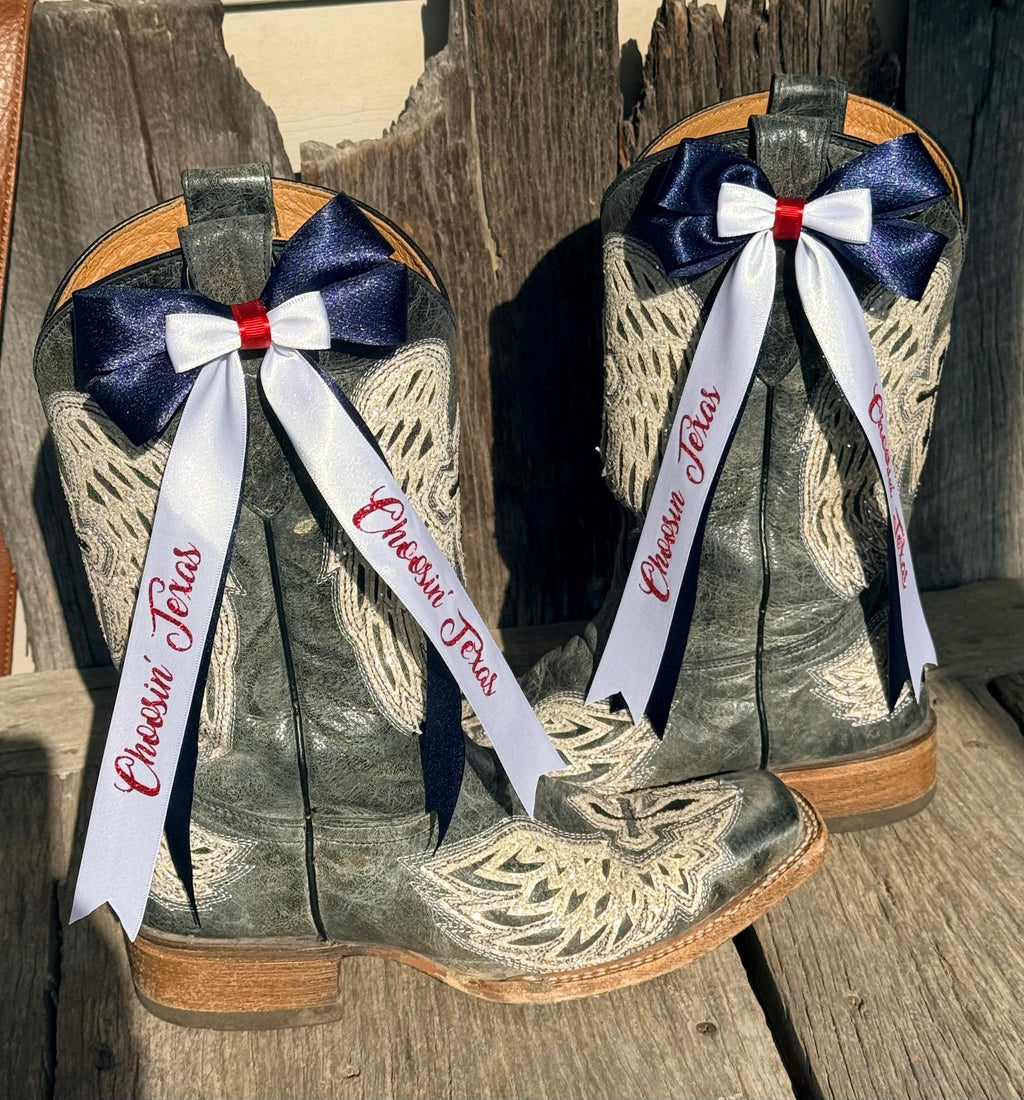 Navy Blue, White & Red Western Boot Bows | Patriotic Country Concert Boot Bling | Clip-On Cowboy Boot Accessories