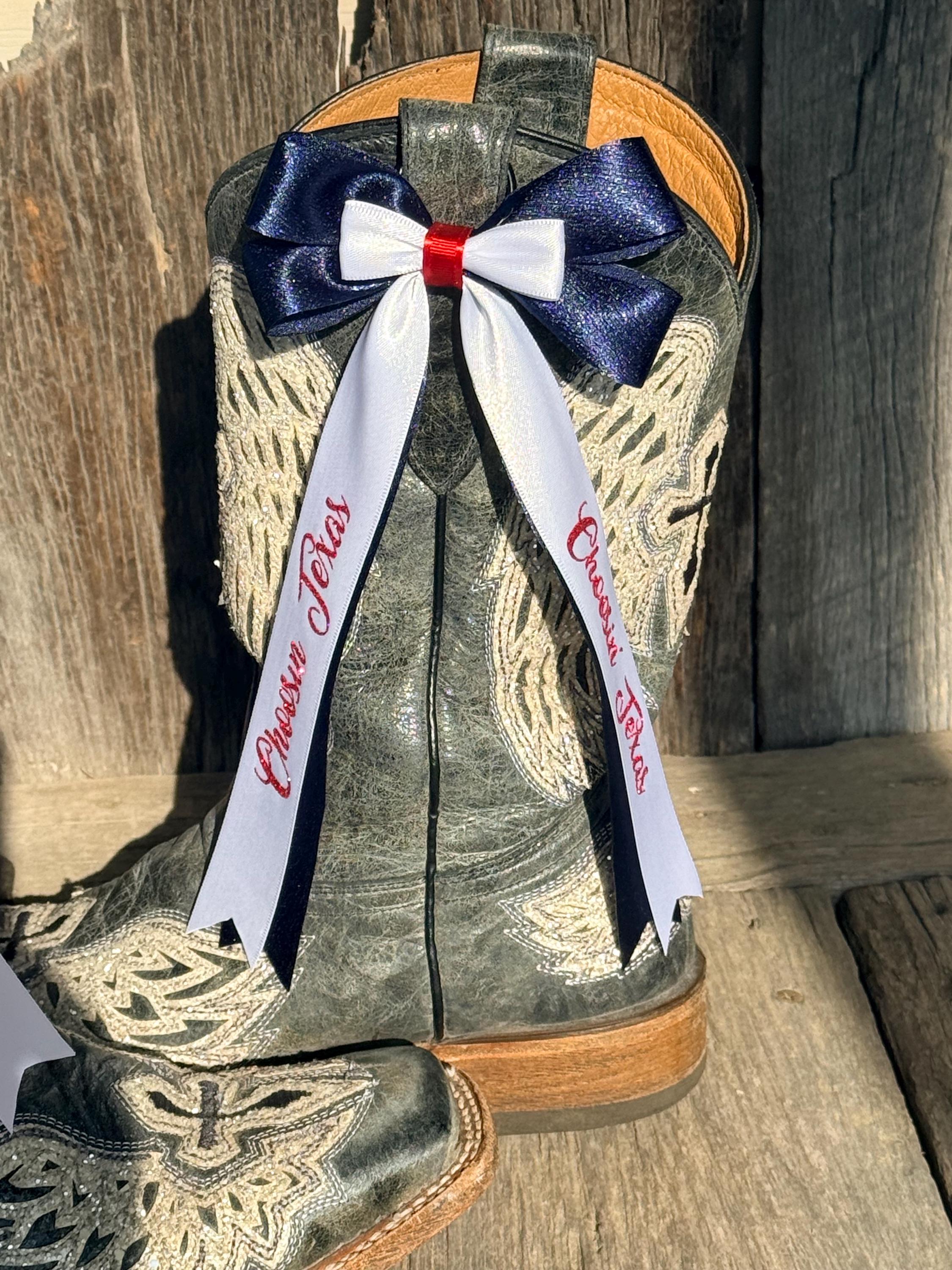 Navy Blue, White & Red Western Boot Bows | Patriotic Country Concert Boot Bling | Clip-On Cowboy Boot Accessories