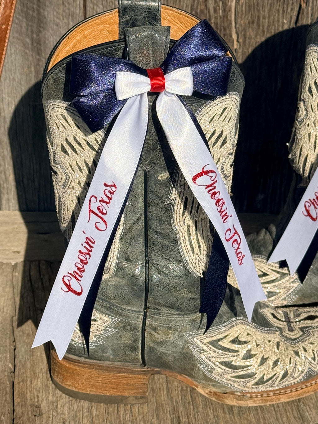 Navy Blue, White & Red Western Boot Bows | Patriotic Country Concert Boot Bling | Clip-On Cowboy Boot Accessories