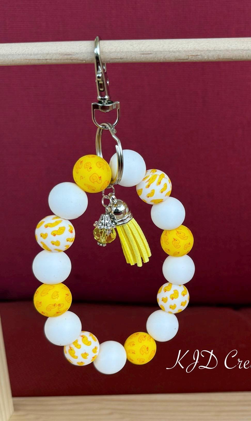 Rubber Duck Silicone Beaded Wristlet Bracelet Keychain with Leather Tassel