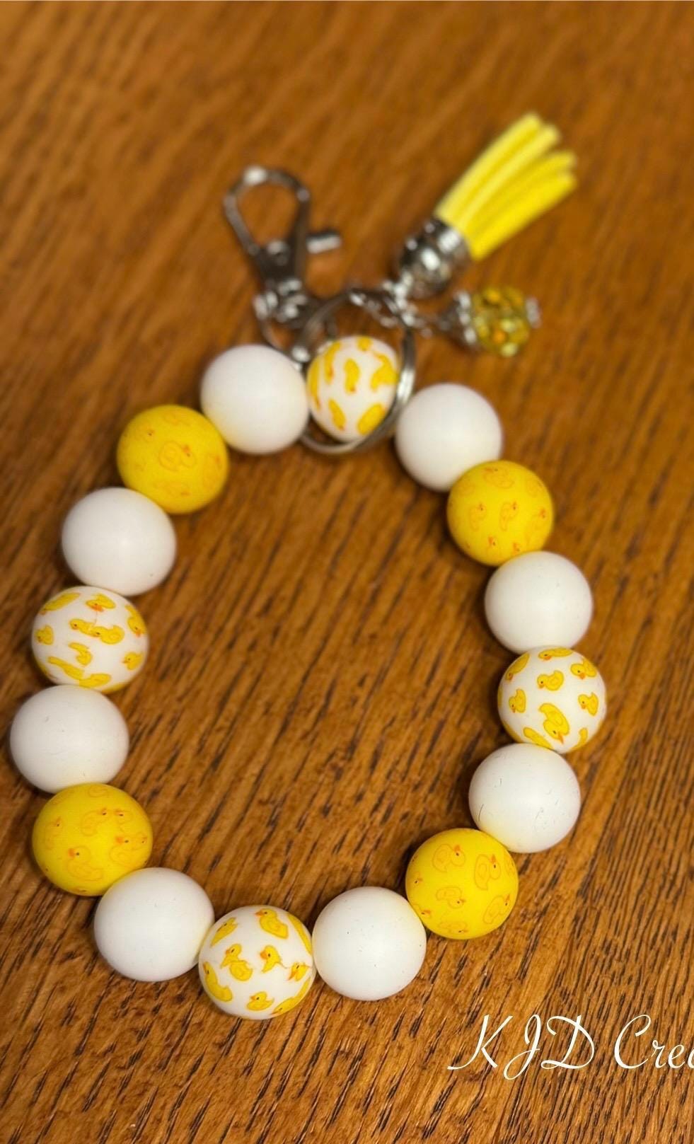 Rubber Duck Silicone Beaded Wristlet Bracelet Keychain with Leather Tassel