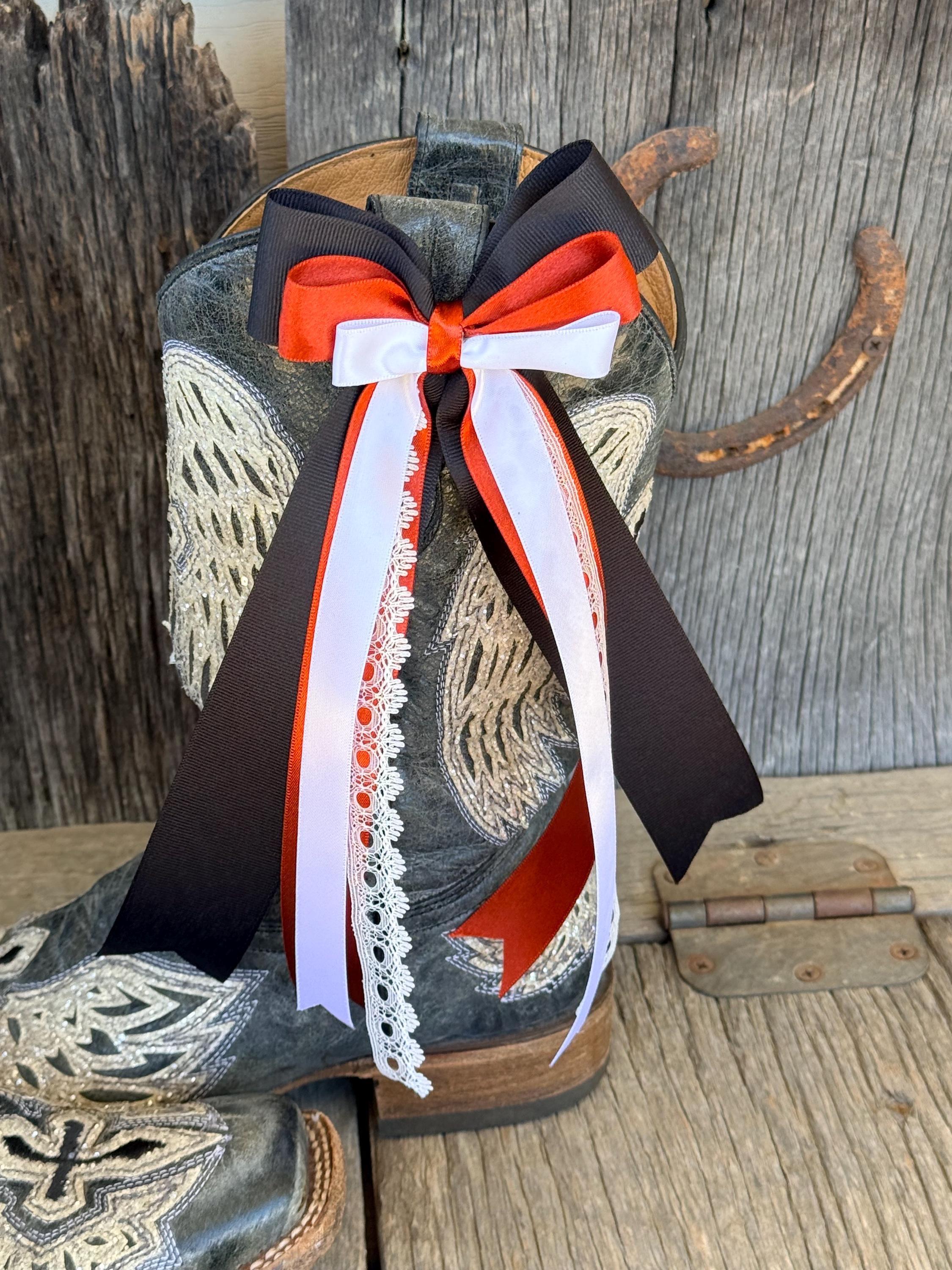 Fall Wedding Cowboy Boot Bows | Black, Rust & White Lace Ribbon | Western Bridal Boot Accessory | Clip-On