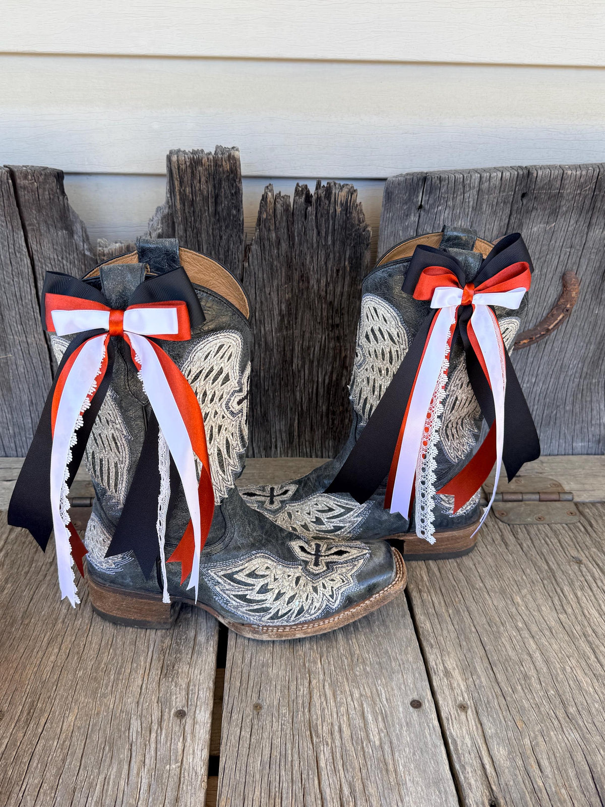 Fall Wedding Cowboy Boot Bows | Black, Rust & White Lace Ribbon | Western Bridal Boot Accessory | Clip-On