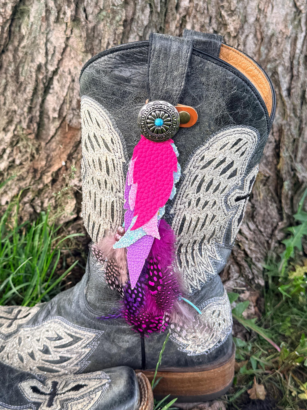 Boho Faux Leather & Real Feather Boot Toppers | Beaded Fringe & Layered Dangle | Pink, Turquoise & Purple | Handmade | Pair of 2