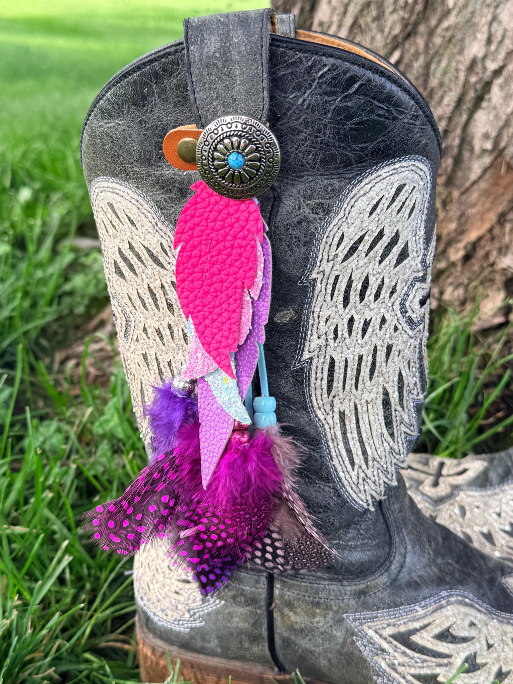 Boho Faux Leather & Real Feather Boot Toppers | Beaded Fringe & Layered Dangle | Pink, Turquoise & Purple | Handmade | Pair of 2