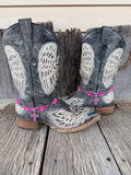 Pair of black angel wing embroidered cowboy boots wearing double-strand pink and silver beaded boot bracelets with pink rhinestone cross charms, set of 2
