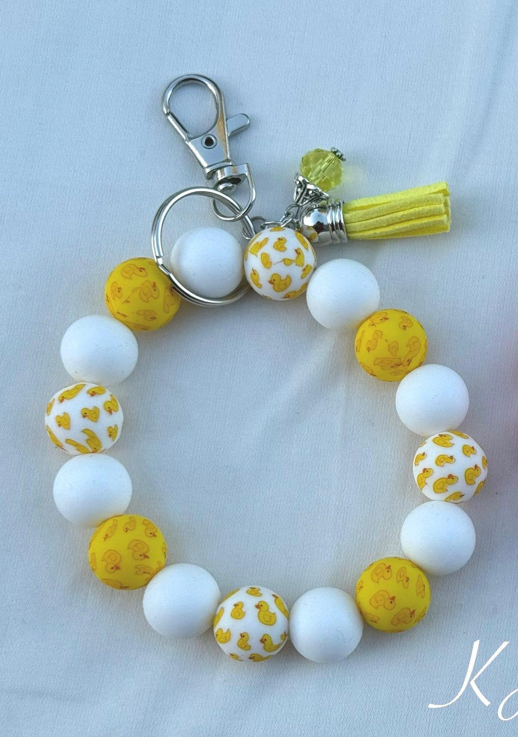 Rubber Duck Silicone Beaded Wristlet Bracelet Keychain with Leather Tassel